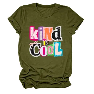 Damen Freizeit Armee Gruen Kurzarm T-Shirt mit coolem Buchstabenprint. Bequeme Alltagskleidung.