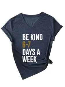 Women casual v-neck short sleeve t-shirt with inspirational graphic letter print detail.