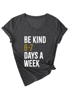 Casual V-neck short sleeve women t-shirt dark gray with inspirational graphic print top.