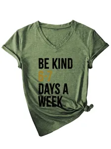 Casual olive green v-neck short sleeve women t-shirt with print and side knot design.