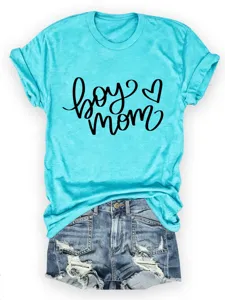 Lässiges türkisfarbenes Kurzarm T-Shirt mit stilvollem Boy Mom Buchstaben Print Damen.