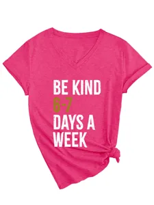 Women V-Neck Short Sleeve T-Shirt Casual Pink Graphic Tee Letter Print Summer Top