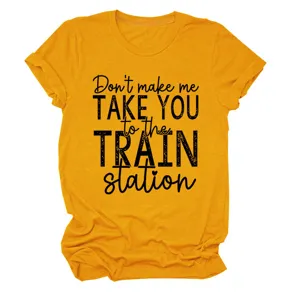 Senfgelbes Damen T-Shirt mit kurzem Arm und lustigem Buchstaben Druck laessiges Oberteil neu