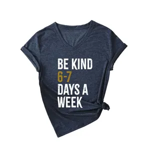Women's V-Neck Short Sleeve Casual T-Shirt Heather Navy Tee with Inspirational Letter Print