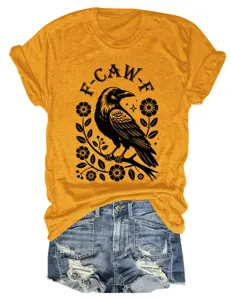 Women's vintage crow floral graphic short sleeve t-shirt casual crewneck mustard top.