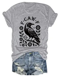 Fashion women grey short sleeve t-shirt with crow flower graphic and denim shorts set.