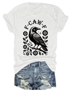 Stylish women's short sleeve crewneck t-shirt paired with denim shorts, casual graphic tee.