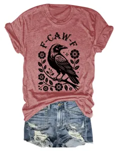 Womens vintage raven floral print short sleeve crewneck casual t-shirt summer top