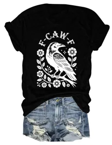 Women Gothic Crow Floral Graphic Short Sleeve T-Shirt Casual Crewneck Summer Cotton Tee Top