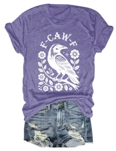 Women purple short sleeve t shirt with cool crow floral graphic and denim shorts set.