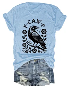 Casual light blue women's short sleeve t-shirt with crow graphic and denim shorts set.