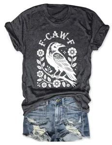 Women dark grey short sleeve t-shirt featuring a unique crow and floral graphic print casual top