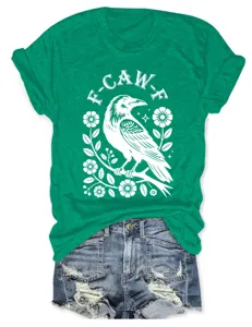 Green casual women short sleeve t-shirt with cute crow and flower print for daily wear.