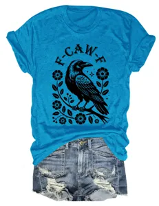 Women's blue crewneck short sleeve T-shirt featuring a stylish raven and floral print.