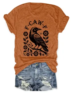 Women vintage crow floral graphic short sleeve t-shirt casual orange cotton tee tops.