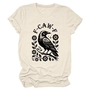 Fashion women's short sleeve crewneck t-shirt featuring a chic crow and floral graphic print.