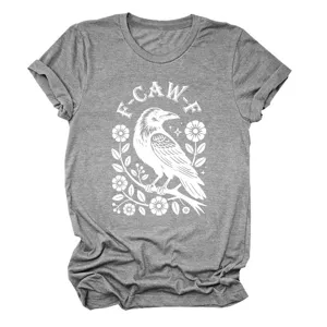 Detailed close-up view showing the gray crow and floral graphic print on short sleeve crewneck tee.