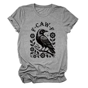 Women's Grey Crow Graphic Short Sleeve T-Shirt Casual Round Neck Casual Tee Top