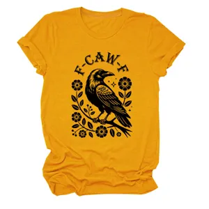 Mustard yellow women's short sleeve t-shirt featuring a vintage crow and floral graphic print.