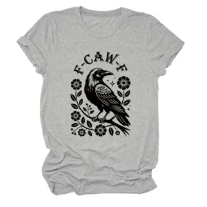 Women's grey crew neck short sleeve t-shirt featuring a stylish crow and floral graphic print.