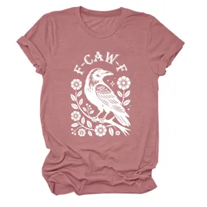 Women casual round neck short sleeve t-shirt with crow floral graphic print fashion top.