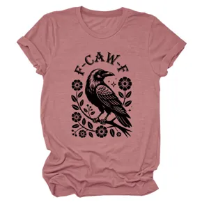 Womens casual short sleeve t-shirt featuring a vintage crow and floral graphic design.