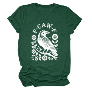 Dark green short sleeve t-shirt for women featuring a crow and floral graphic print.