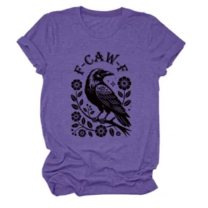 Women purple short sleeve t-shirt with raven graphic casual cute summer tee top clothing