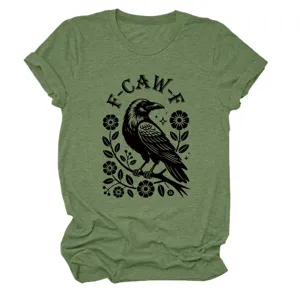 Women's green short sleeve t-shirt casual graphic raven flower print crewneck top