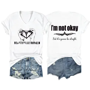 Damen weißes V-Ausschnitt Kurzarm T-Shirt mit Grafikdruck vorne und Rückseite Detailansicht