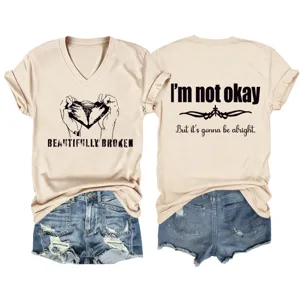 Damen V-Ausschnitt Kurzarm T-Shirt Lässiges Buchstaben Druck Top mit passenden Jeans Shorts