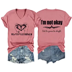 Damen rosa V-Ausschnitt Kurzarm T-Shirt mit trendigem Spruch, lässiges Sommer-Oberteil.