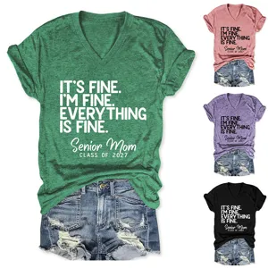 Casual women's V-neck short sleeve t-shirt featuring funny letter print and comfortable fabric.