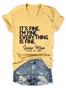 Women casual V-neck short sleeve T-shirt with funny print and denim shorts outfit.