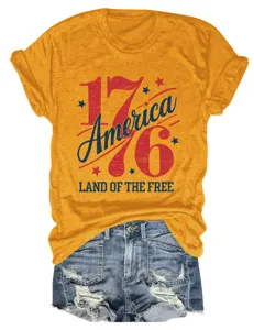 Femme vintage America T-shirt manches courtes haut col rond décontracté imprimé mode tendance