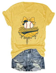 Lässiges Damen T-Shirt mit Rundhalsausschnitt Baseball Motiv und Bananas Druck lose kurzarm.