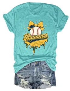 Lässiges Damen Kurzarm T-Shirt mit niedlichem Bananen und Baseball Aufdruck für Sommer.