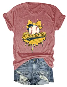 Damen lässiges Kurzarm Rundhals T-Shirt mit Bananen Baseball Grafik lockeres Oberteil Top