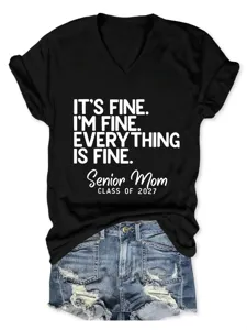 Casual black V-neck short sleeve t-shirt featuring funny slogan print for women daily wear.