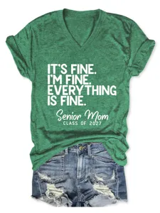Green V-neck short sleeve t-shirt for women, funny letter print casual top, soft summer tee.