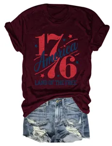 T-shirt à manches courtes pour femmes bordeaux avec imprimé graphique patriotique America 1776
