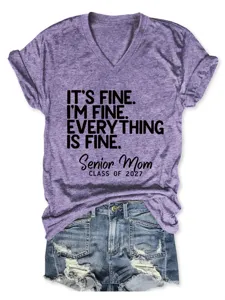 Casual women's V-neck short sleeve graphic tee featuring a funny letter print design.