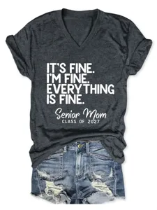 Casual women's dark gray V-neck short sleeve t-shirt with funny letter print design.