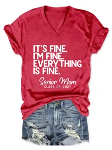 Casual women's V-neck short sleeve slogan graphic T-shirt for everyday wear.