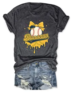 Damen Freizeit graues T-Shirt Kurzarm Baseball Bananas Print Top Jeansshorts Set