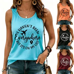 Casual women's racerback tank top featuring travel graphic print and multiple color options