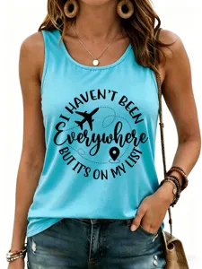 Casual travel quote print sleeveless tank top for women, comfortable blue everyday wear.