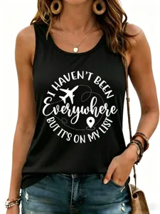 Women casual black sleeveless tank top with travel theme letter print graphic design summer top.