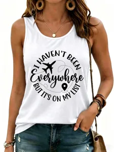 Women's casual white racerback tank top with travel quote letter print, perfect for daily wear.