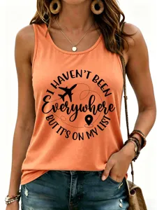 Orange sleeveless tank top with travel quote print, detailed front view showing graphic design.